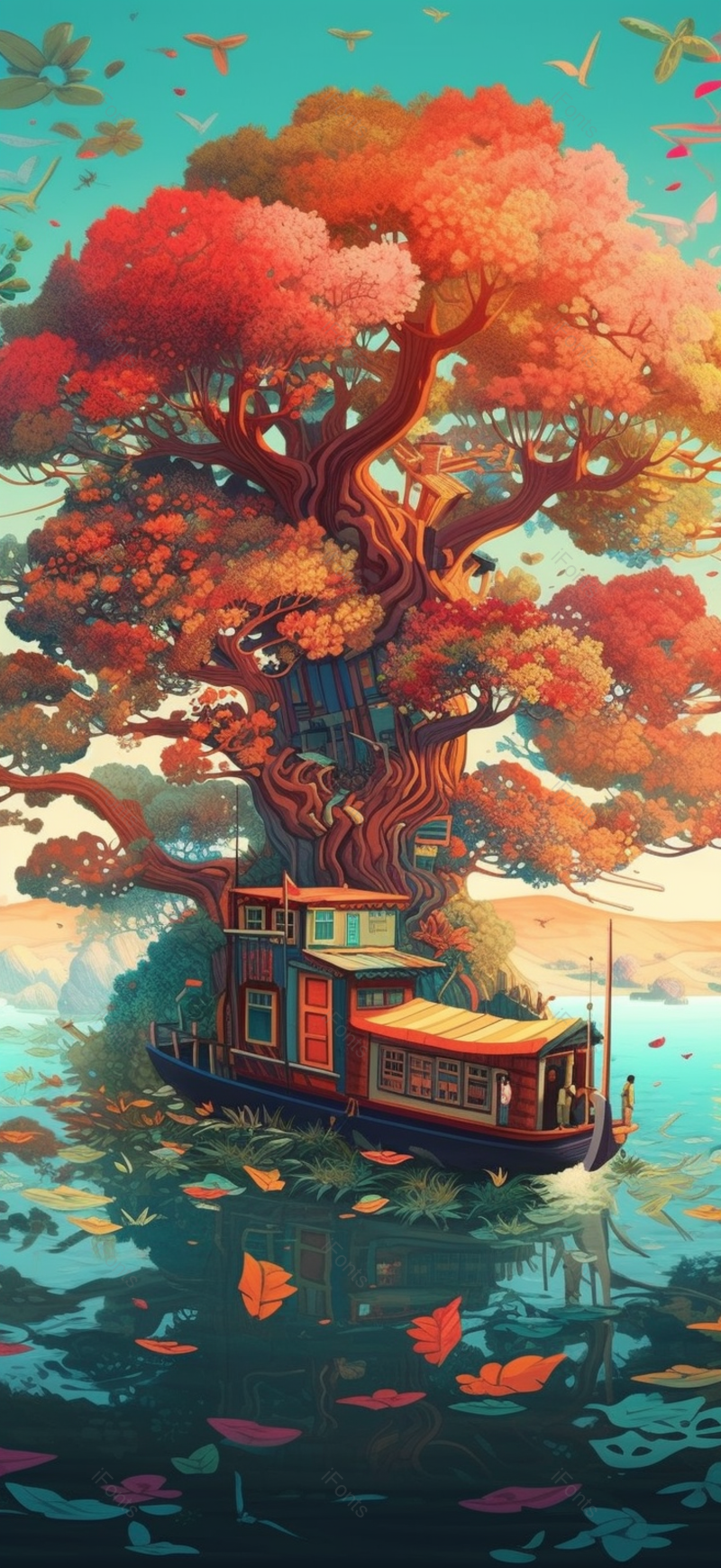 粉色蓝色河边小船停岸房子大树国风插画背景壁纸,插画/手绘图,插画/手绘图库,插画/手绘图下载,插画/手绘